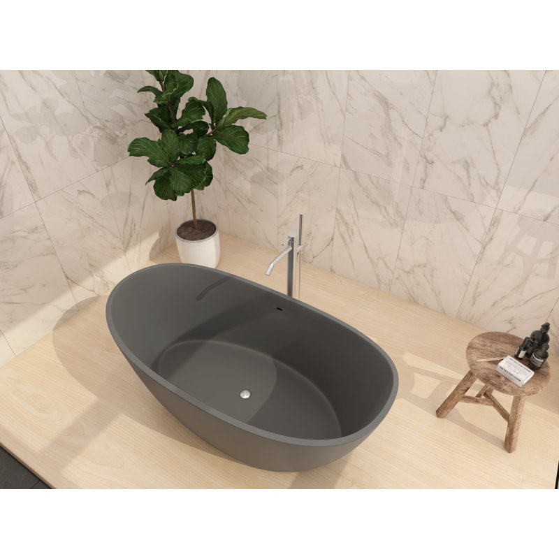 Manhattan 64" x 33" Freestanding Soaking Tub, Solid Surface Stone Resin Oval Bathtub - Gray, Gray