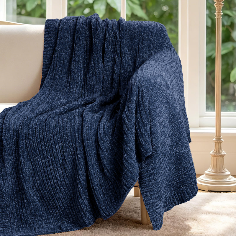 Jeté doux et moelleux en chenille réversible, Marine
