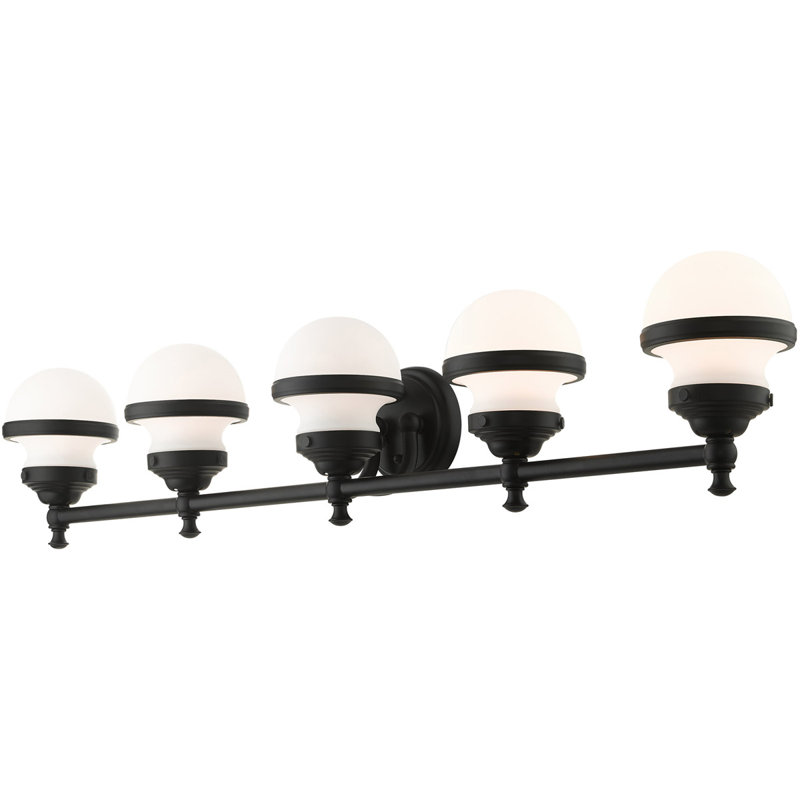 Superbe luminaire de meuble-lavabo de 42 po avec abat-jour en verre soufflé à la main - 5 lumières., Noir, Blanc