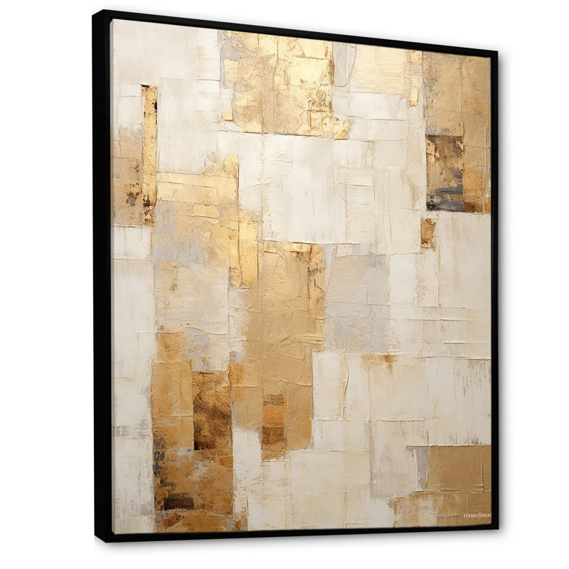 «Beige And Gold Dream Collage I», formes abstraites, art mural, Cadre flottant doré, H 32 po x l 24 po, Noir