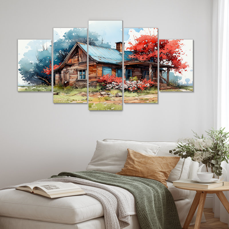 Maison de campagne avec arbre rouge, aquarelle - paysage, art mural 5 pièces, H 32 po x l 60 po