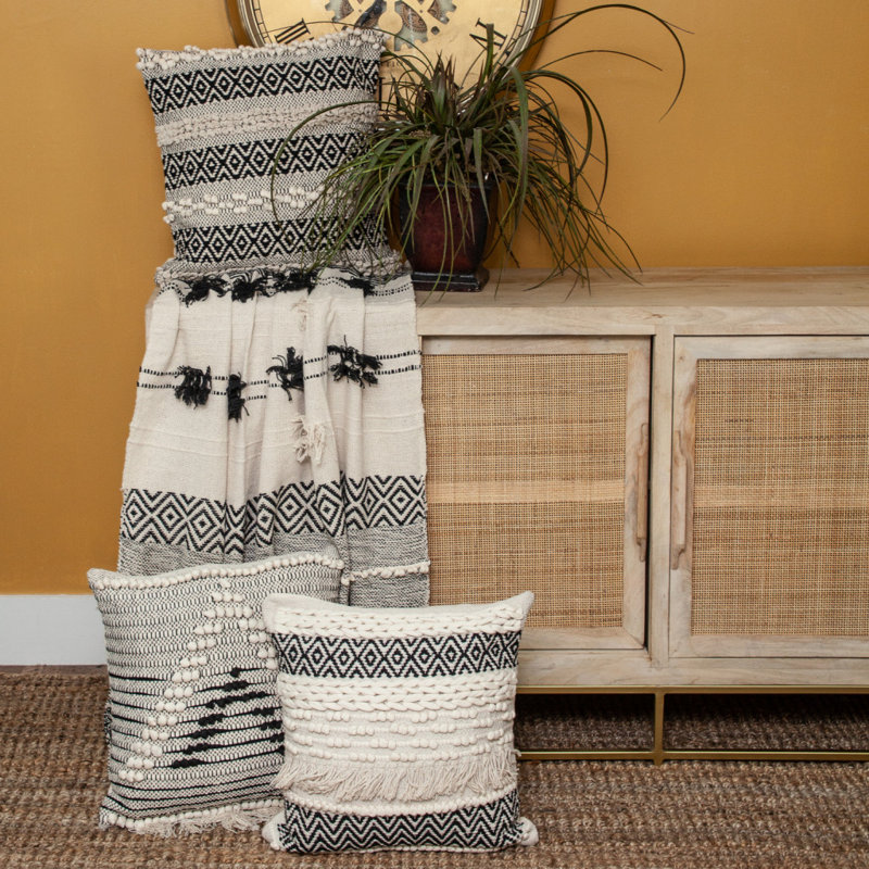 Jeté tissé à la main beige et noir Boho avec pampilles décoratives