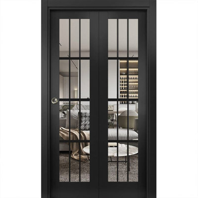 Sliding Closet Bi-fold Doors 32 x 80 Felicia 3355 Matte Black with Clear Glass Sturdy Tracks Moldings Trims Hardware Set Wood Solid Bedroom Wardrobe Doors