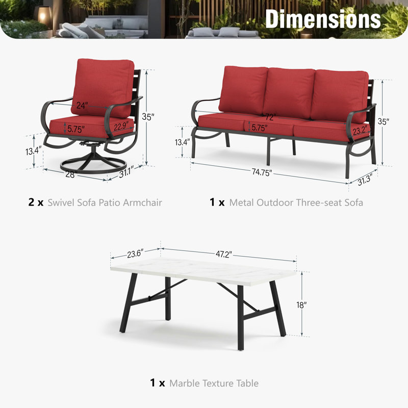 Tapasi 5-7 - Person Patio Conversation Set with Swivel Lounge Chairs & Sofa, Red, No