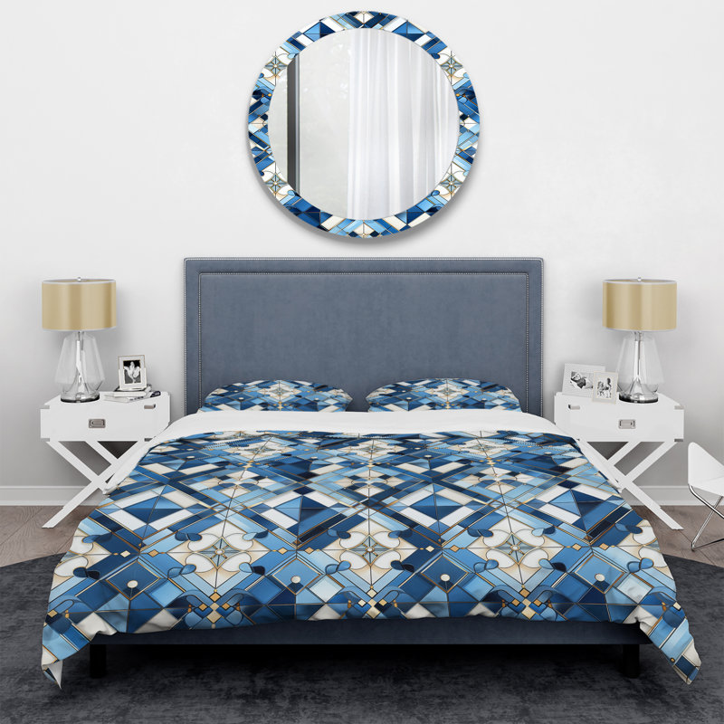 Vintage Blue And White Mosaic Geometric - Ensemble de housse de couette géométrique