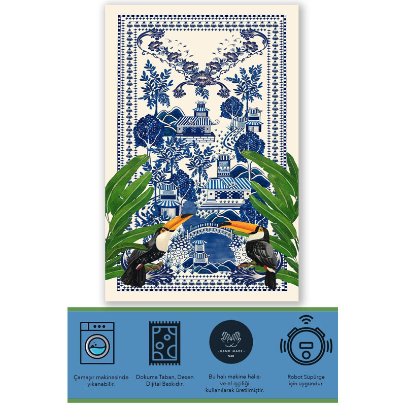 Tapis décoratif tissé bleu et blanc, Rectangle 3 pi 9,81 po x 4 pi 11,06 po