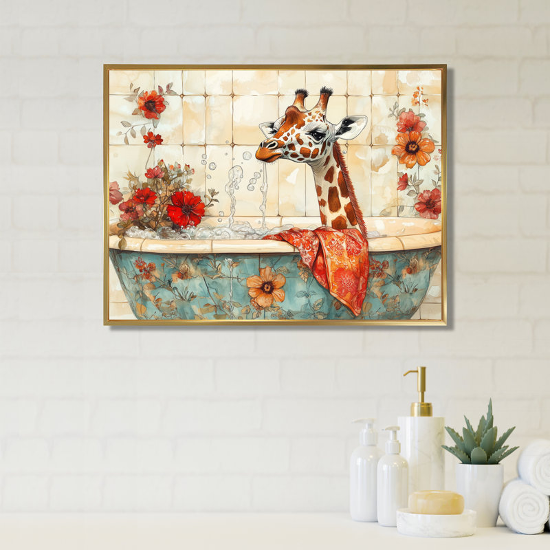 Baignoire Scarlet Bloom - Tableau encadré Girafe sur toile, H 12 po x l 20 po, Cadre flottant doré