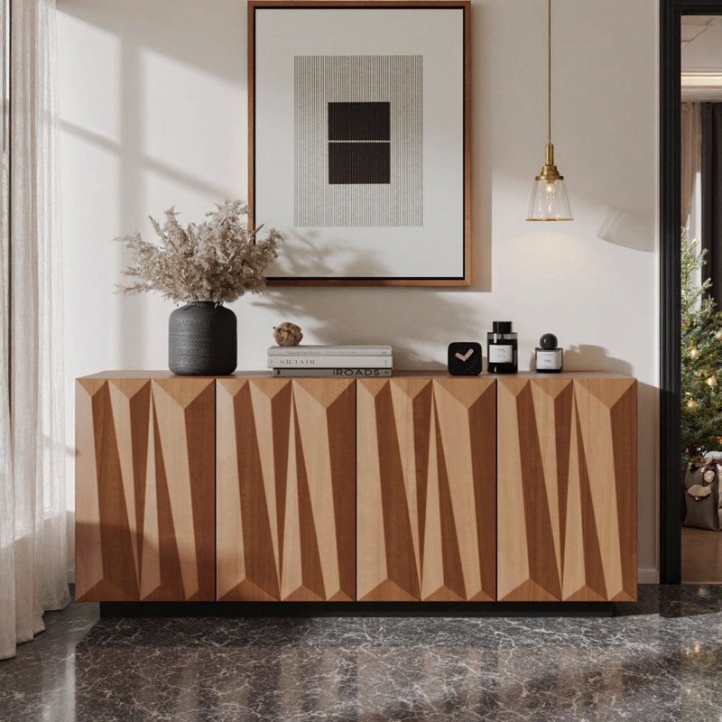 Buffet 4 portes avec portes géométriques 3D, 2 tablettes, rangement polyvalent pour le salon et la salle à manger