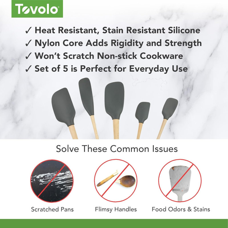 Tovolo Flex-Core Silicone Spatula Set of 5 with Natural Wood Handles for Cooking and Baking, Cayenne, Charcoal