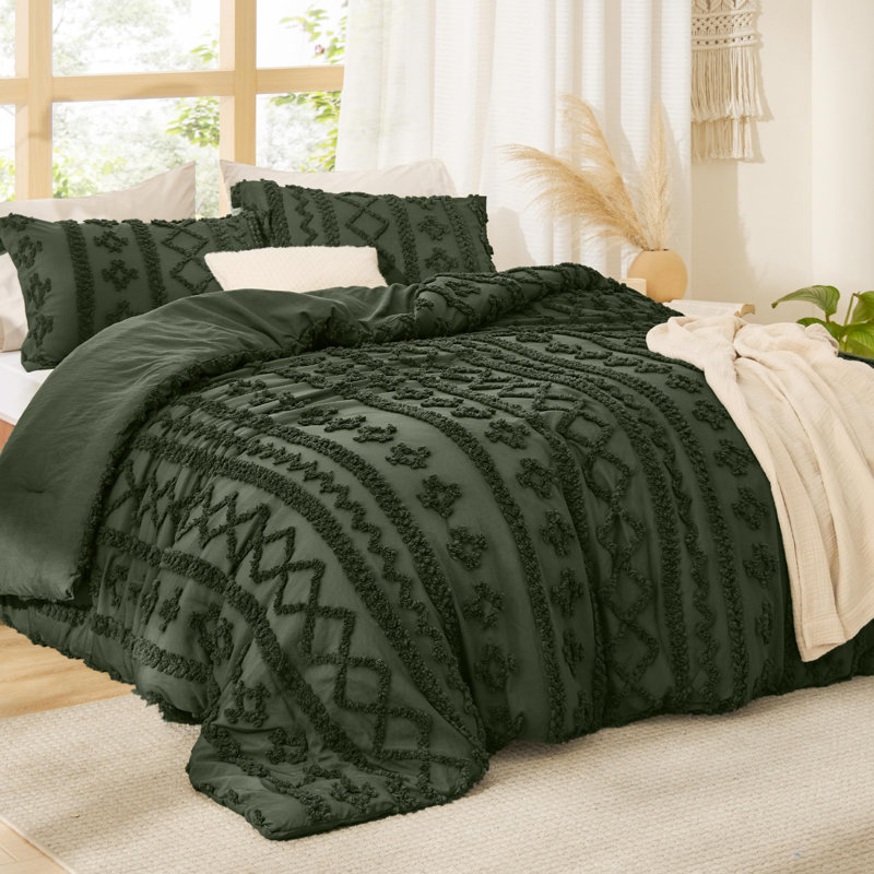 Ensemble de literie Boho, Housse de couette simple et insert + 2 taies déco, Vert