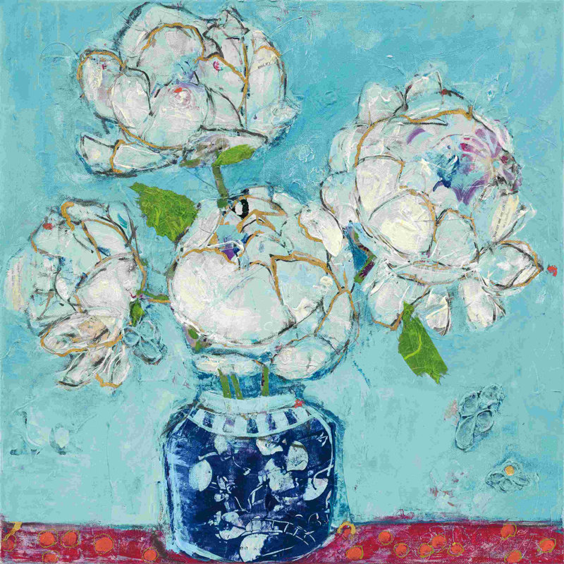 Vase de pivoines turquoise, L 20 po x H 20 po