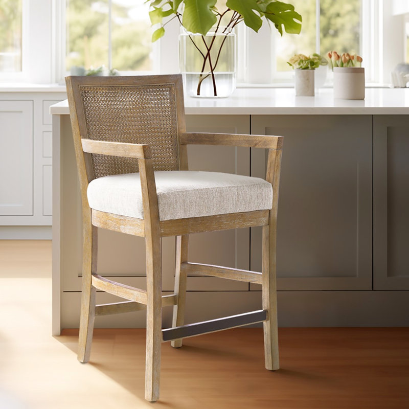 Reclaimed Wood Counter Stool With Cane Back And Fabric Finish Seat Soft Padding