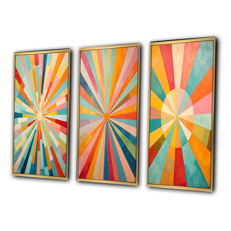 «Colorful Mid Century Optique Serenade», 3 pièces, Cadre flottant doré, H 32 po x l 48 po