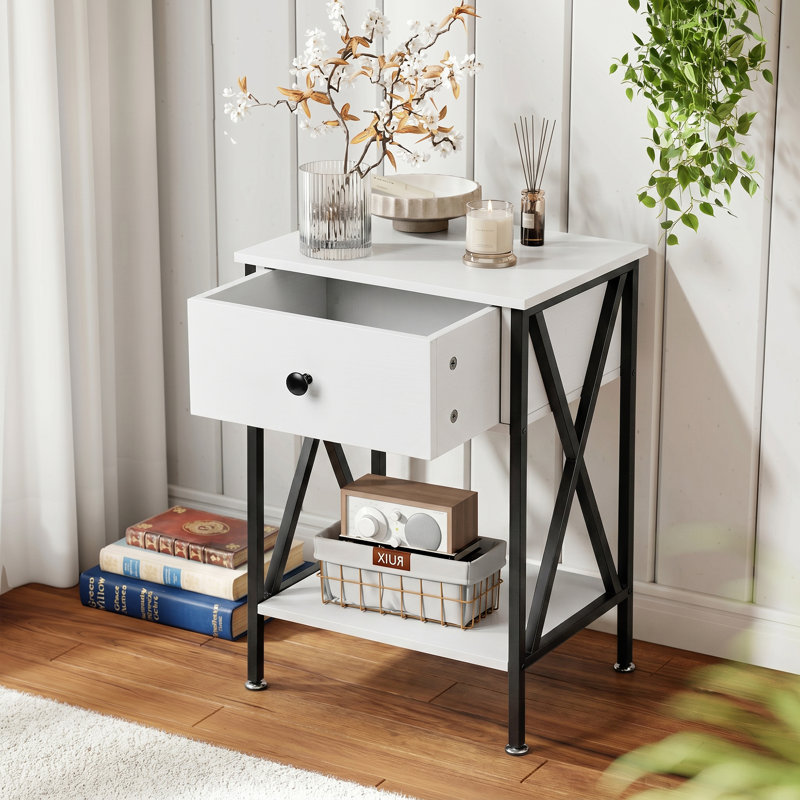 Alameen Nightstand with Drawer and Shelf, White