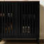 Armoire de rangement noire avec porte grillagée rayée et pieds en métal, style moderne pour la maison, structure d'espace, rangement de conception, spacieux