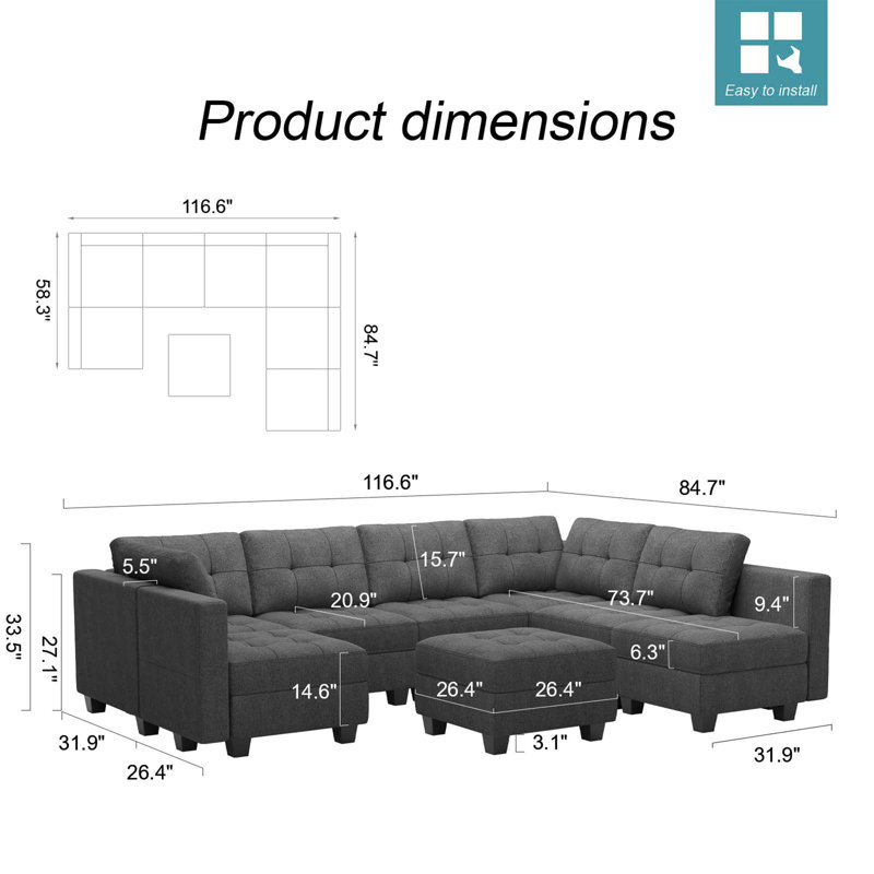 Ashbury Ivery 116.6'' U Shaped Couch Modular Polyester Blend Sectional Sofa with Cushions, Dark Gray Polyester Blend