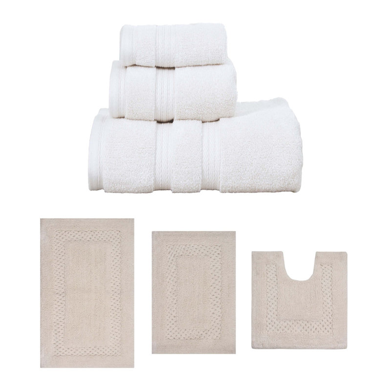 Bublitz Classy Bath Mat 100% Soft Cotton Bath Towel Set & 3 Pc Bath Rug Combo, 6 Piece Towel Set, Ivory