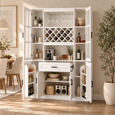 Meuble-bar à vin de 188 cm de haut avec casier à bouteilles, porte-verres à pied, 4 portes, tiroir et étagères réglables