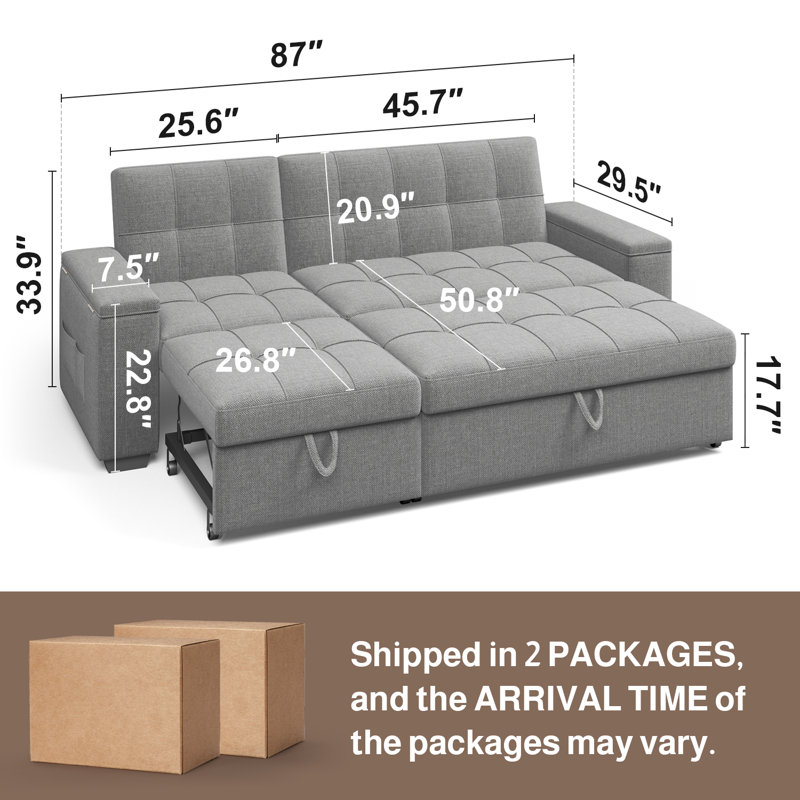 Canapé-lit rembourré avec lit escamotable et chaise longue - Accoudoirs de rangement larges et poches latérales pour le salon, la chambre à coucher ou le bureau personnel