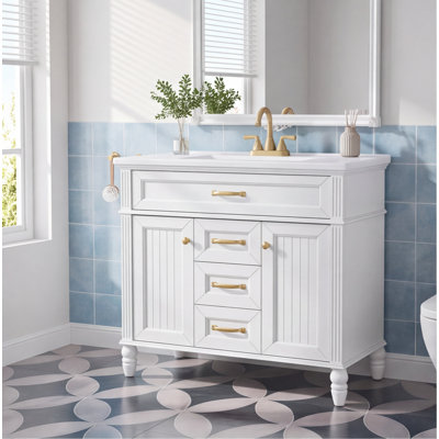 Meuble-lavabo autoportant de 36 pouces avec lavabo en céramique, panneau de fibres à densité moyenne blanc et bois massif, portes à fermeture en douceur, tiroir rabattable, poignées en or brossé