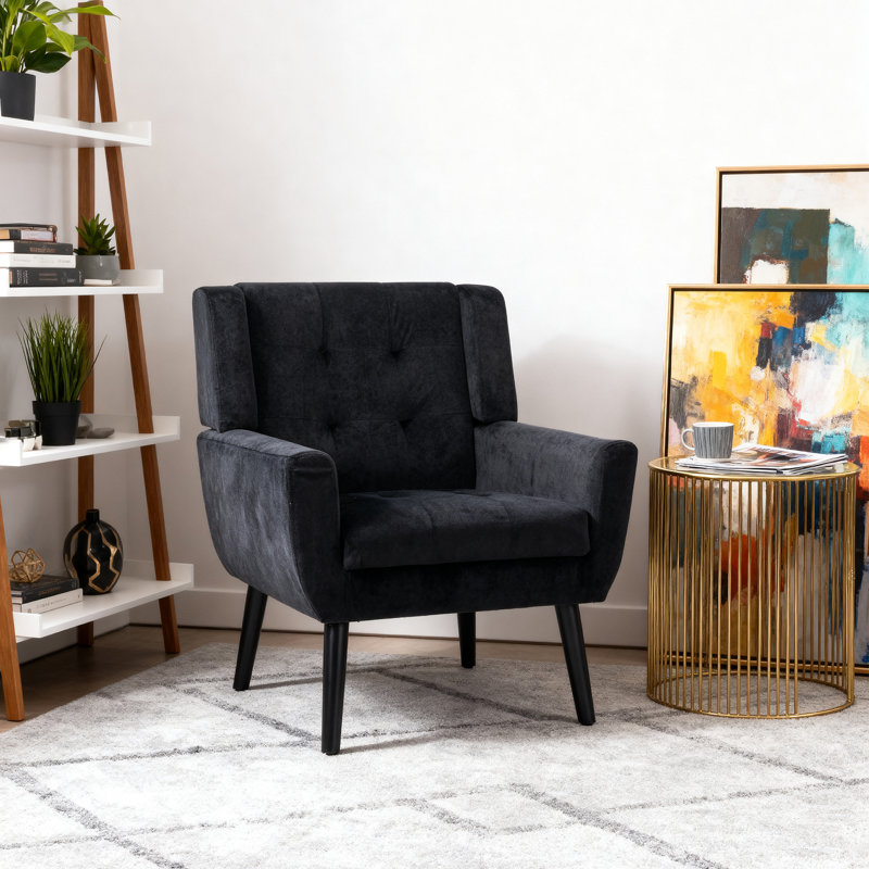 Tufted Upholstered Wide Back Armchair（Set of 2）, Black Velvet