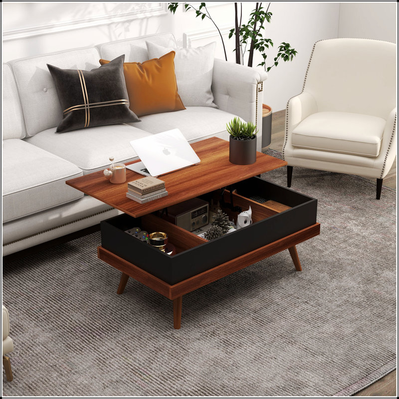 Table basse à plateau relevable avec compartiments cachés et pieds en bois, parfaite pour la vie moderne et une utilisation multifonctionnelle