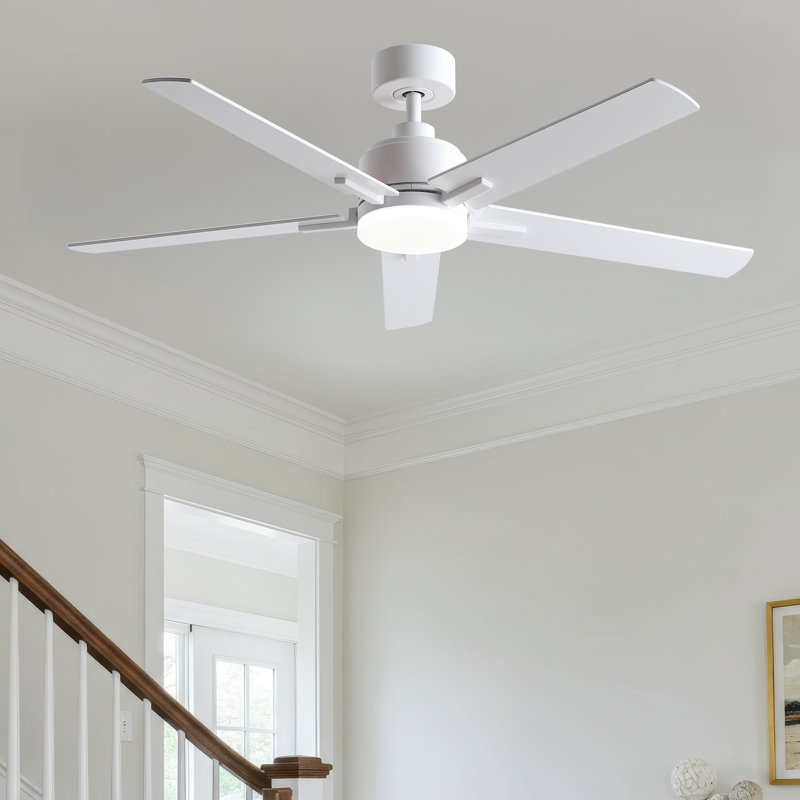 52"Ceiling Fan with Reversible Blades: White / Natural Wood Finish,  Adjustable Led Lights , 6-Speed Choice