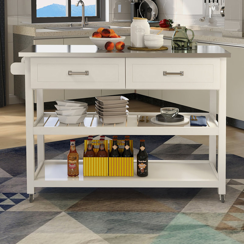 Chariot de cuisine en acier inoxydable avec plateau en blanc - 2 tiroirs pour un chariot de rangement optimal, deux zones de cuisson organisées