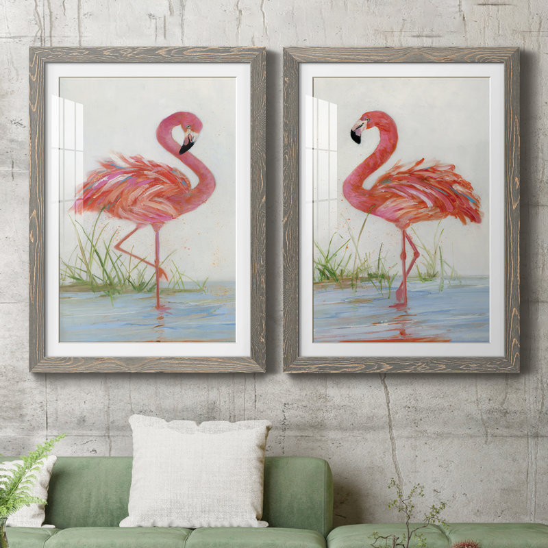Flamingo I - ensemble de 2 peintures, H 24 po x l 36 po, Papier dans un cadre photo, Gris