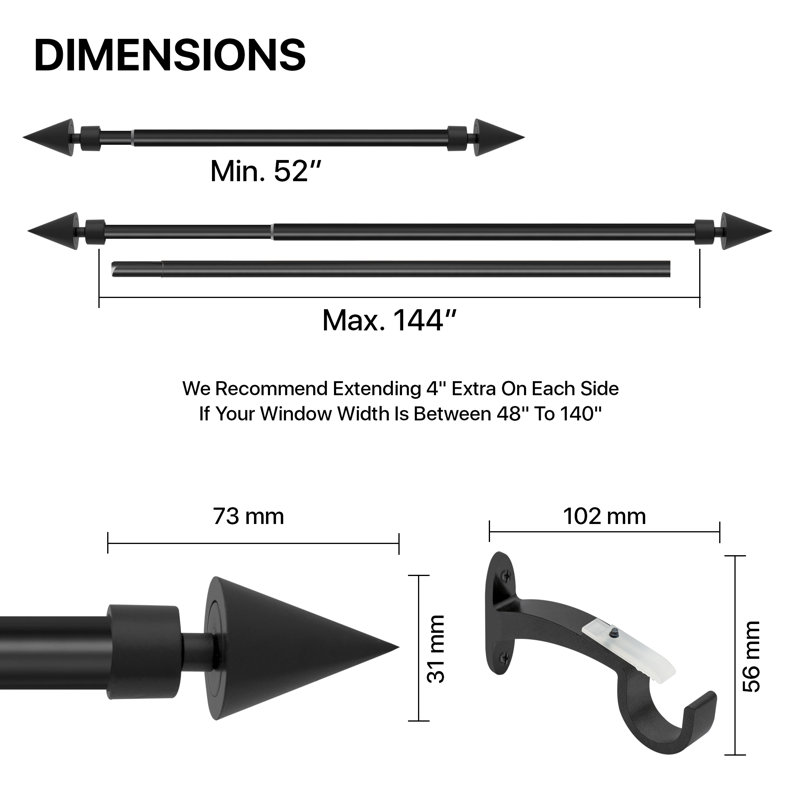 Tringle à rideaux simple Arrieta-Rolon, 52 po à 144 po, Noir mat