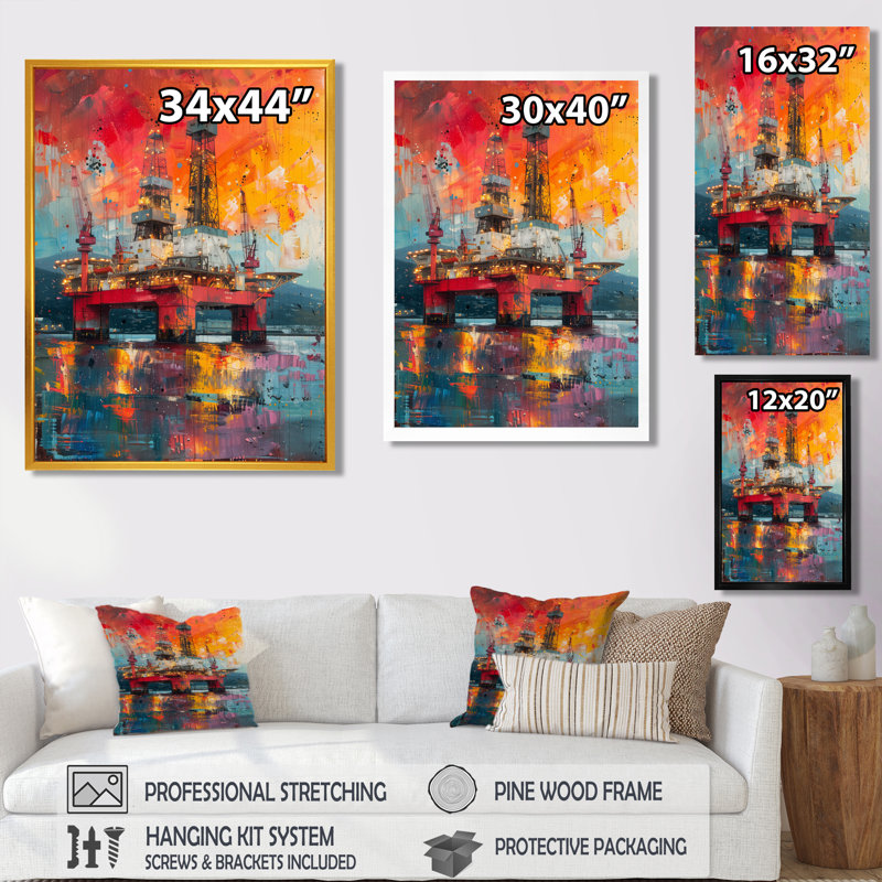 Red Orange Oil Rig Seafloor Rebellion - Art mural, Toile argentée avec cadre flottant, H 34 po x l 44 po x P 1,5 po
