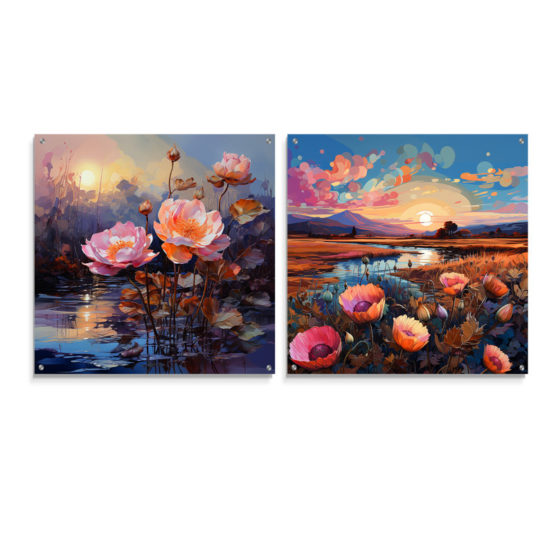 «Mauve mauve Florescence II», ensemble de 2 verres muraux en acrylique, H 16 po x l 33 po