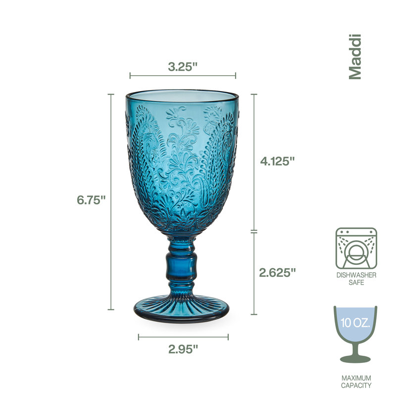 Set of Four Blue Embossed Glass Goblet with Paisley Floral Motif