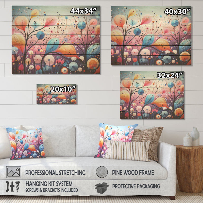 «Pink and Blue Botanical Abstracts Wonderland I» - Botaniques sur bois, H 10 po x l 20 po