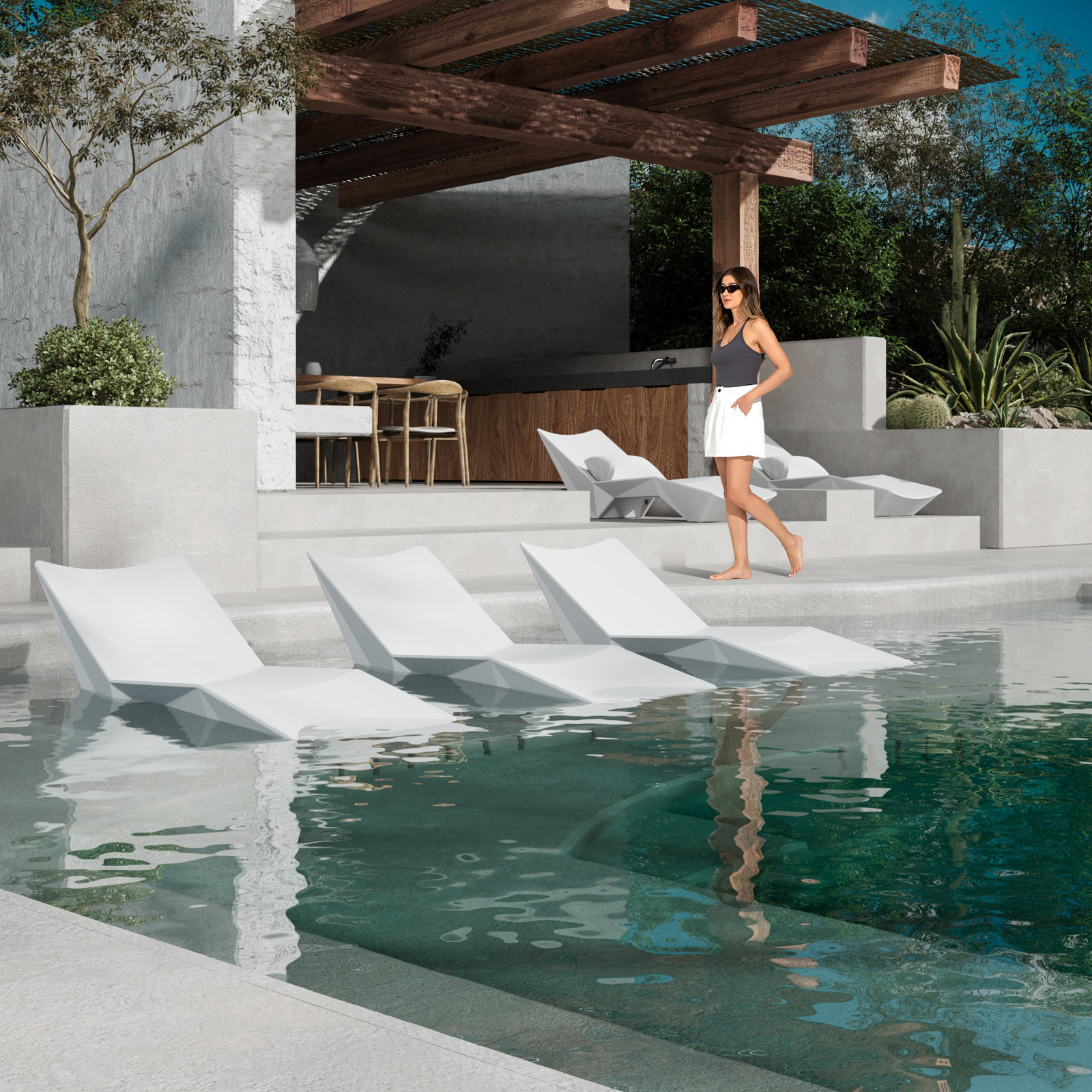 In-Pool UV Resistant and Waterproof Chaise Lounge, 2, White