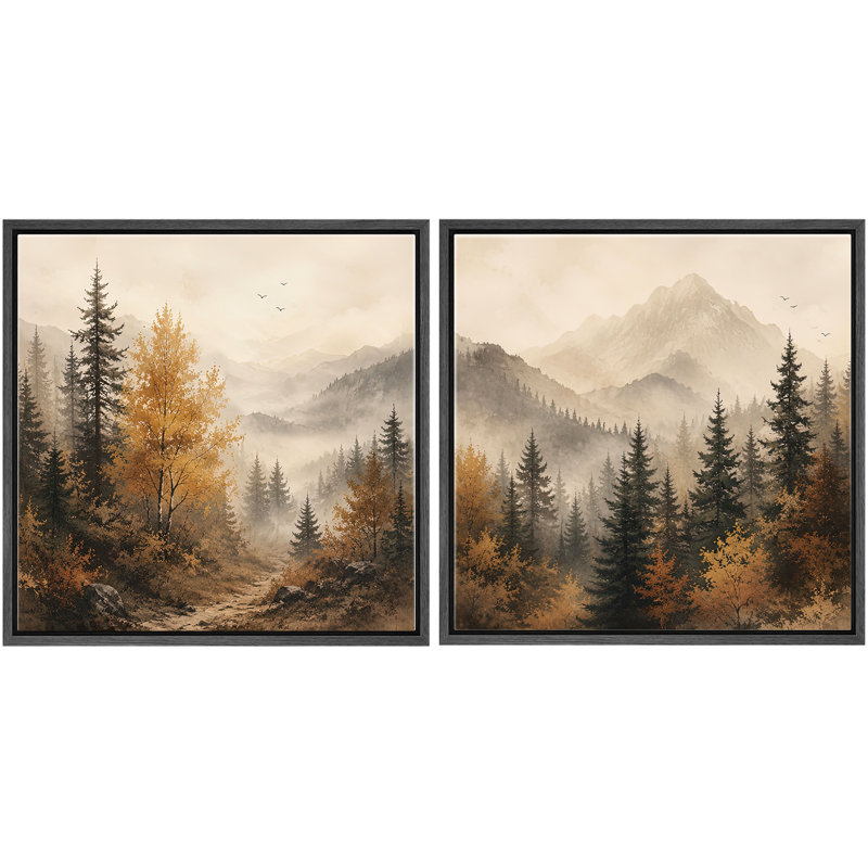 Misty Mountain Pine Forest with Warm Autumn Trees and Rustic Nature, ensemble de 2 reproductions d'art encadrées, Cadre noir