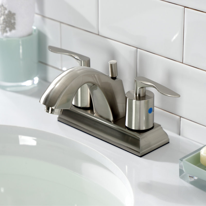Kingston Brass Serena Two-Handle 3-Hole Deck Mount 4" Centerset Bathroom Faucet with Pop-Up Drain, Brushed Nickel