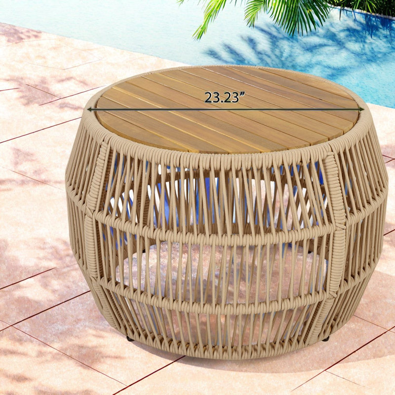 Table d'appoint ronde en bois d'acacia pour patio, 70 cm (27,56 pouces), style côtier moderne, avec corde.