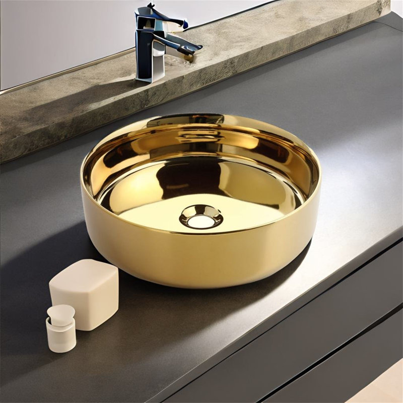 TONWIN 15.75'' Ceramic Circular Bathroom Sink, Gold