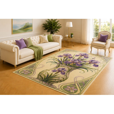 "Ultra Lightweight" 5'x7' Art Nouveau Iris Rug, Purple Flowers in a Curved Vase with Green Scrollwork, Elegant Vintage Decor for Living Room, Bedroom, Office or Hallway