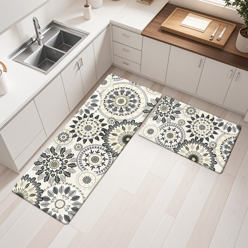 Jalissia Anti-Fatigue Non-Skid Kitchen Mat, White/Beige/Black/Gray, Runner 18" x 30" + 18" x 48"