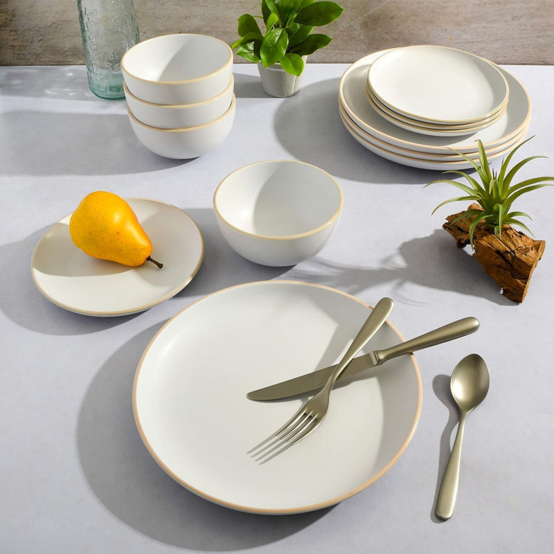 Ensemble 12 pièces de vaisselle en grès, assiettes et bols à finition matte, couleurs modernes, Blanc