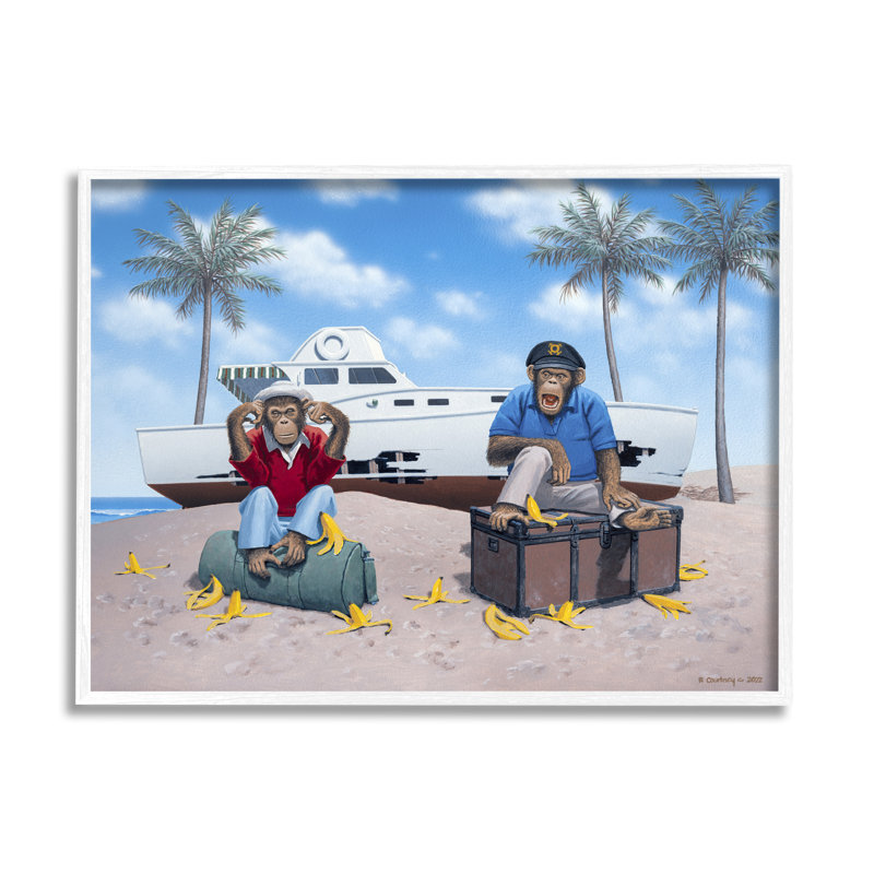 «Chimps & Yacht On Beach» encadré sur bois par Richard Courtney, peinture, H 11 po x l 14 po x P 1,5 po