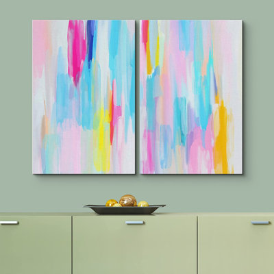 «Colorful Brushstrokes Vibrant Blue Pink Pastel Paint», reproduction d'art sur toile encadrée 2 pièces