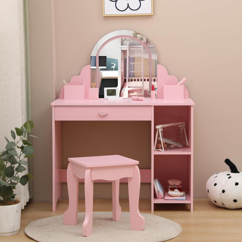 Kids Vanity Set with Lighted Mirror and Stool, Adjustable LED Lights, Pink