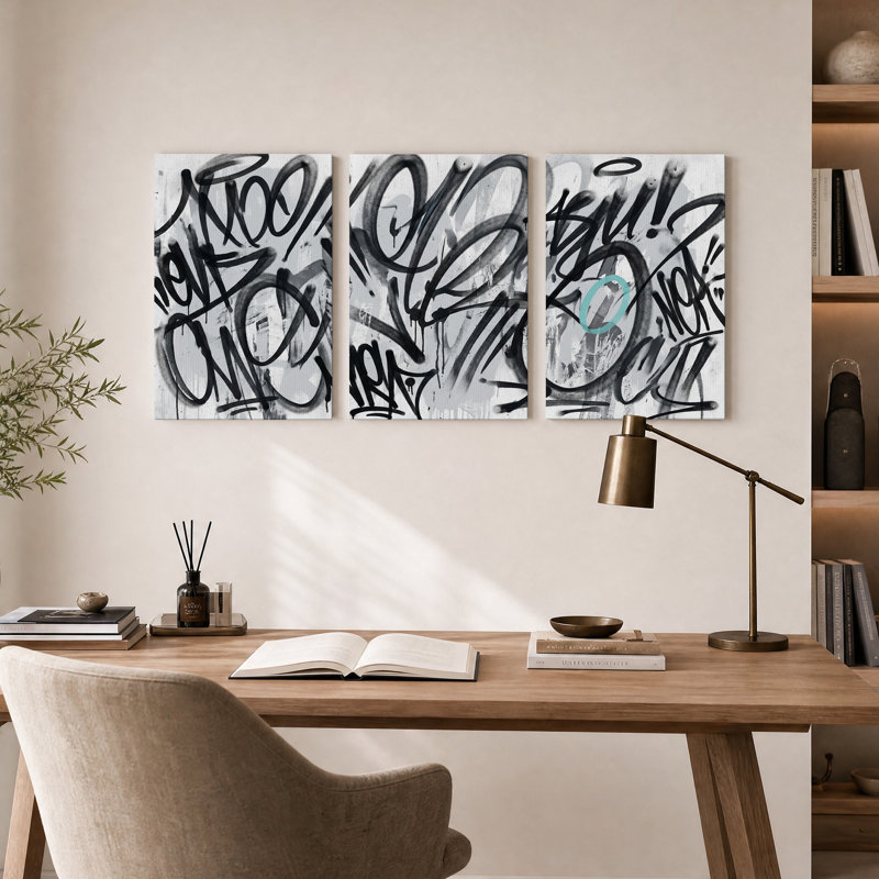 Ensemble de 3 toiles murales abstraites graffiti noir et blanc, 36"H x 24"W x 3pcs