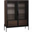 Vitrine lumineuse à DEL avec porte en verre trempé, style minimaliste moderne pour le salon, le bureau et le bureau. 4 tablettes réglables, 2 tiroirs de rangement, pieds en métal, noir et noyer foncé.-960742903