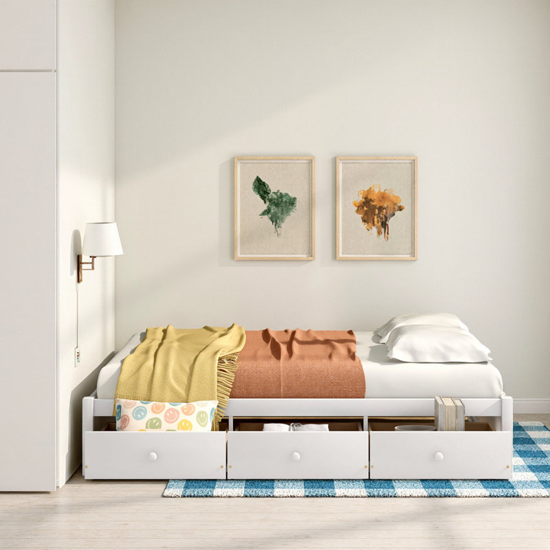 Structure de lit simple en bois massif avec 3 tiroirs, lit plateforme en bois de pin blanc avec support à 10 lattes, Blanc