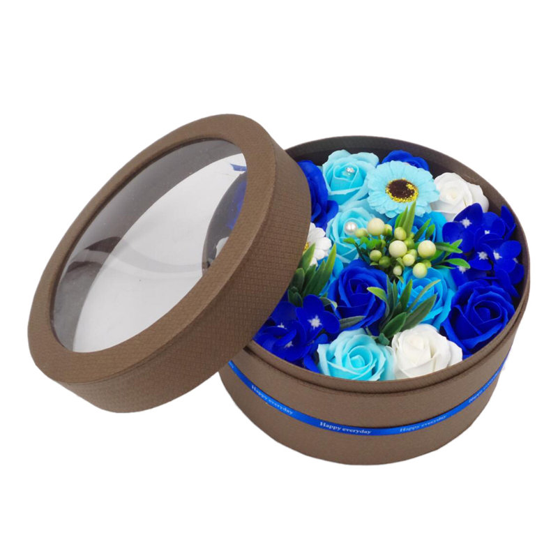 Fleurs artificielles artificielles parfumées pour toujours dans une boîte-cadeau ronde, Bleu