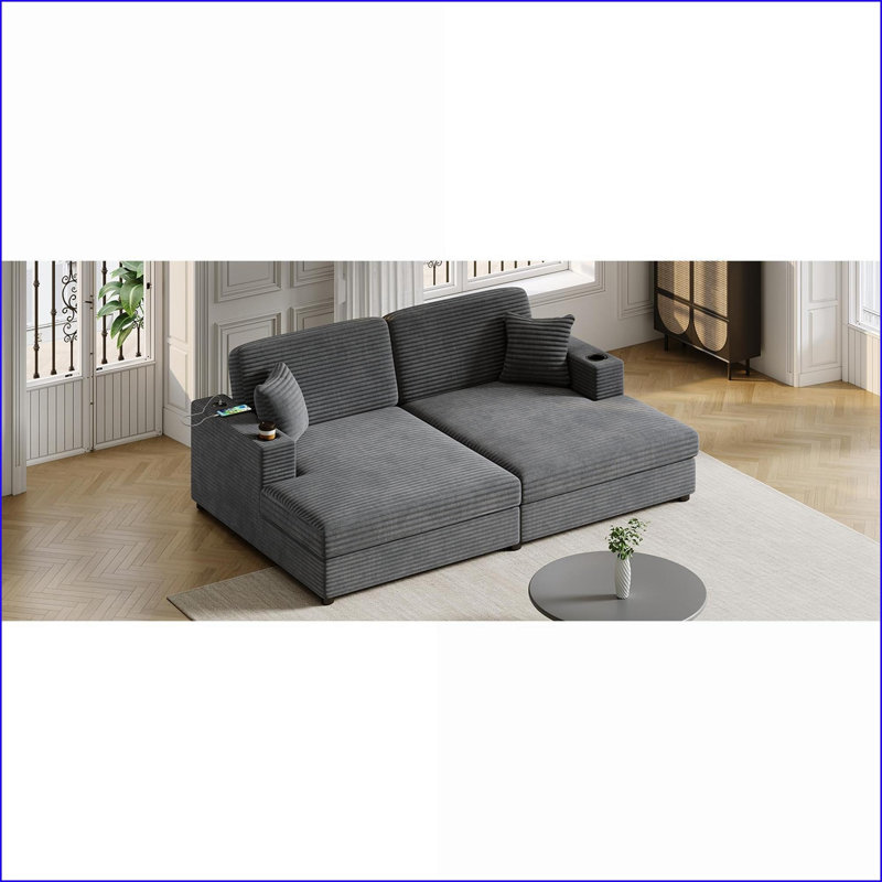 Canapé-lit modulaire, méridienne moderne surdimensionnée 86,5 po avec ports USB, porte-gobelets et amp; Coussins | Gris foncé | Velours côtelé